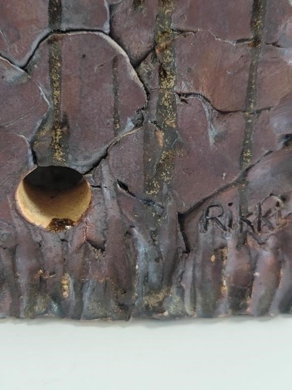 Close-up of a Vintage Rustic Pottery Vase, Signed "Rikki", showcasing textured details and signature. hommes + gardens estudio.