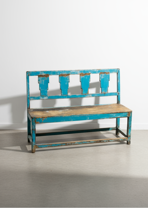 Rustic distressed blue wooden bench with geometric cutout backrest and aged patina, a sturdy vintage farmhouse seating piece ideal for entryways or garden spaces — Hommes and Gardens, Furniture Collection, Home Decor, Landscape Architect, Interior Designer, Outdoor Living, Outdoor Decorations, Home Design, Luxury Design, Art, Furniture, Objects, Best Gifts, Nature, Backyard, Yard.