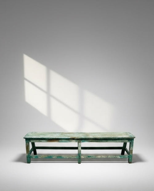 Antique Rustic Turquoise Hand-Painted Bench with Distressed Patina – Primitive Farmhouse Style. hommes + gardens estudio.