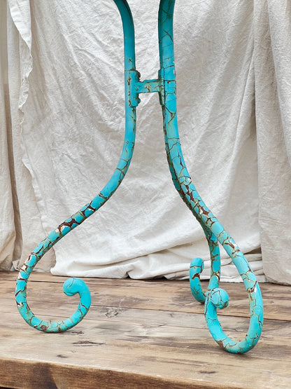 Rustic vintage French turquoise bistro table with weathered patina and metal craftsmanship, perfect accent for outdoor living — Hommes and Gardens, Furniture Collection, Dining Tables, Outdoor Tables, French Country Decor, Rustic Garden Furniture, Vintage Accent Table, Outdoor Styling.