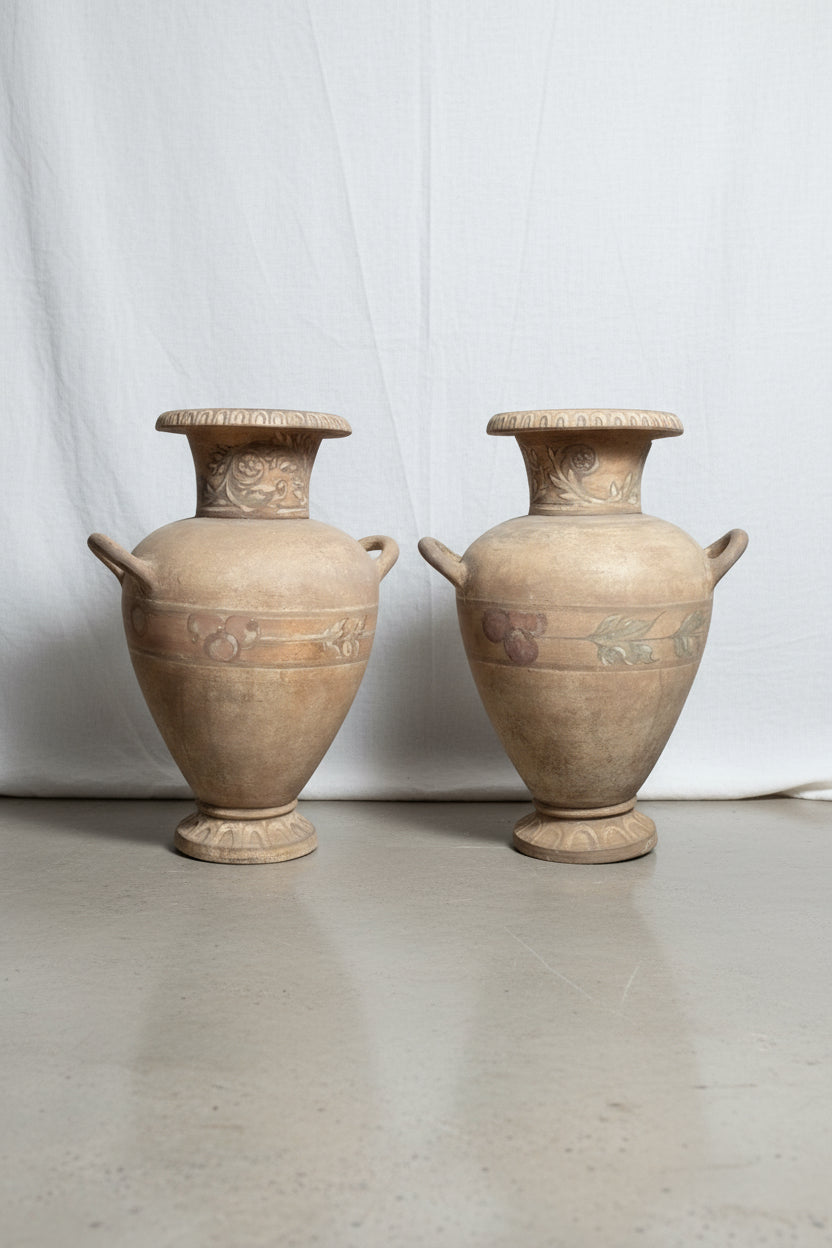 Set of 2 vintage terracotta urns featuring intricate painted decorative motifs, handcrafted with timeless artisan charm — Hommes and Gardens, Home Decor Collection, Landscape Architect, Interior Designer, Outdoor Living, Outdoor Decorations, Home Decor, Home Design, Luxury Design, Art, Furniture, Objects, Best Gifts, Nature, Backyard, Yard.