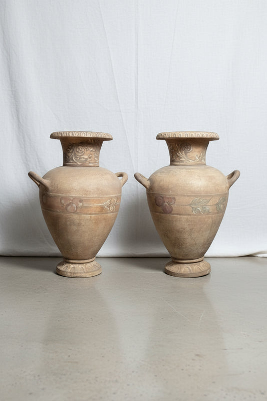 Set of 2 vintage terracotta urns featuring intricate painted decorative motifs, handcrafted with timeless artisan charm — Hommes and Gardens, Home Decor Collection, Landscape Architect, Interior Designer, Outdoor Living, Outdoor Decorations, Home Decor, Home Design, Luxury Design, Art, Furniture, Objects, Best Gifts, Nature, Backyard, Yard.