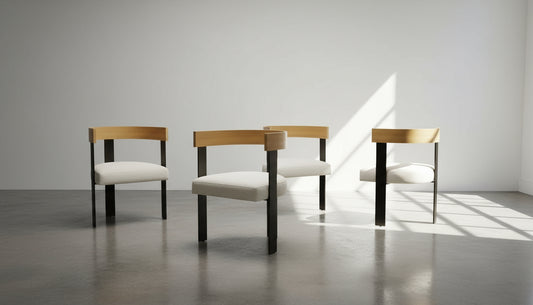 Set of four Mid-Century Modern and Art Deco style dining chairs with wooden backs, white upholstery, and brass frames — Hommes and Gardens, Furniture Collection, Chairs & Sofas, landscape design, plant design, Landscape Architect, Interior Designer, Outdoor Living, Outdoor Decorations, Home Design, Luxury Design, Art, Furniture, Objects, Best Gifts, Nature, Backyard, Yard.