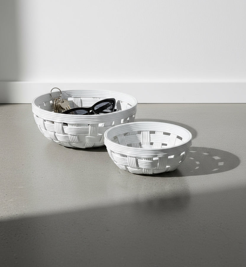 Set of two Slovenia white clay basket-textured pottery bowls, handcrafted with woven design for vintage decorative charm — Hommes and Gardens, Catchall Collection, Landscape Architect, Interior Designer, Outdoor Living, Outdoor Decorations, Home Decor, Home Design, Luxury Design, Art, Furniture, Objects, Best Gifts, Nature, Backyard, Yard.