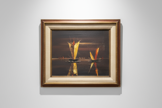 Signed oil on canvas painting depicting boats on water, framed artwork with serene composition and rich texture — Hommes and Gardens, Wallscape Collection, Landscape Architect, Interior Designer, Outdoor Living, Outdoor Decorations, Home Decor, Home Design, Luxury Design, Art, Furniture, Objects, Best Gifts, Nature, Backyard, Yard.