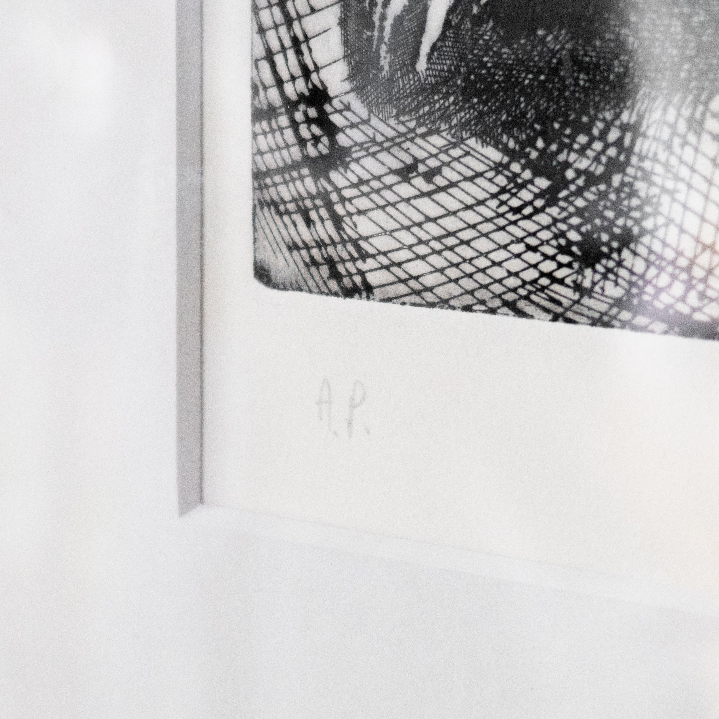 Detail of A.P. marking on Sandro Chia Signed Lithograph, Artist Proof (Sitting Lady Series, Circa 1980s) frame. hommes + gardens estudio.