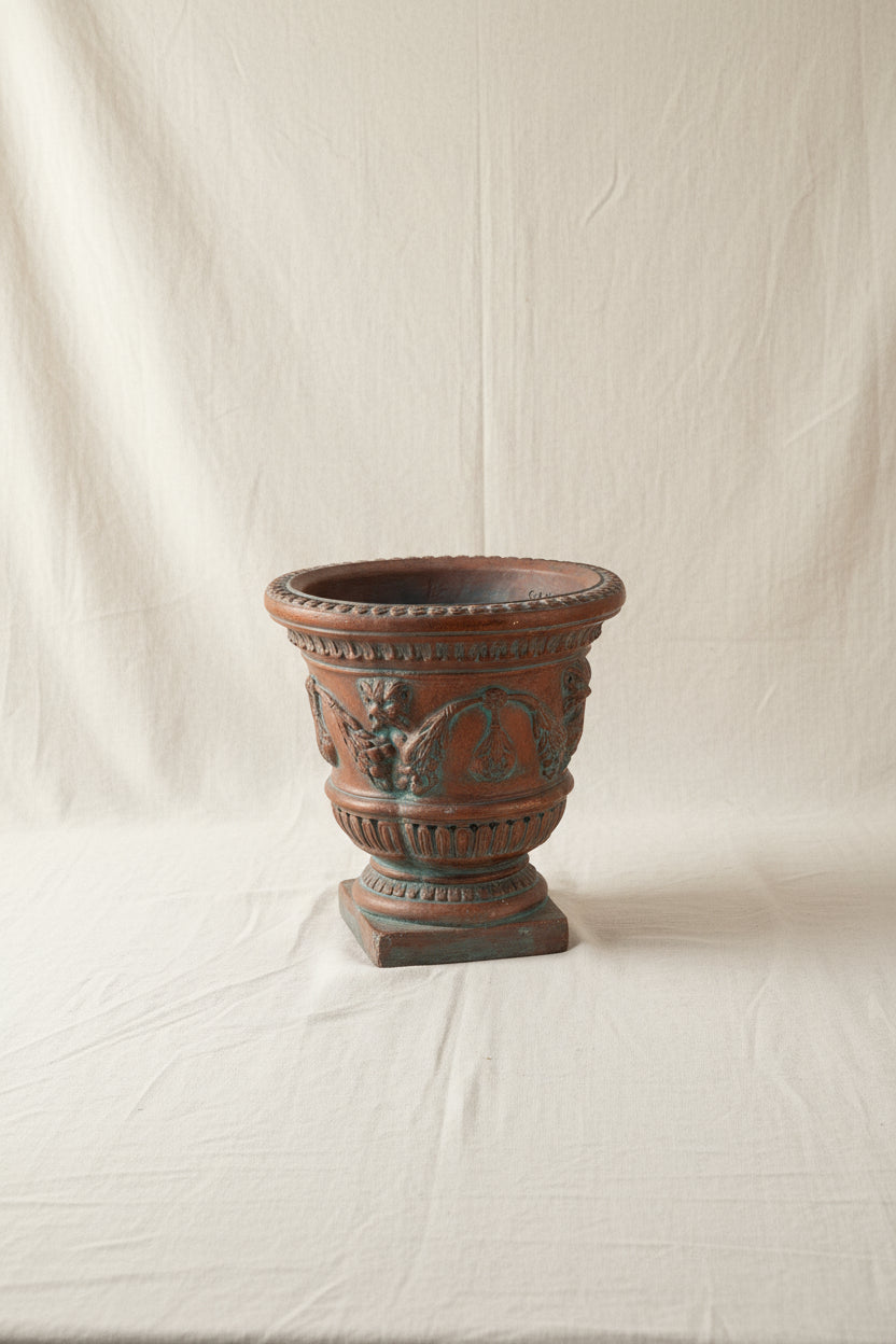 Silvestri Terracotta Ornate Planter (Set of 2) featuring intricate detailing and blue patina, perfect for outdoor decor. hommes + gardens estudio.