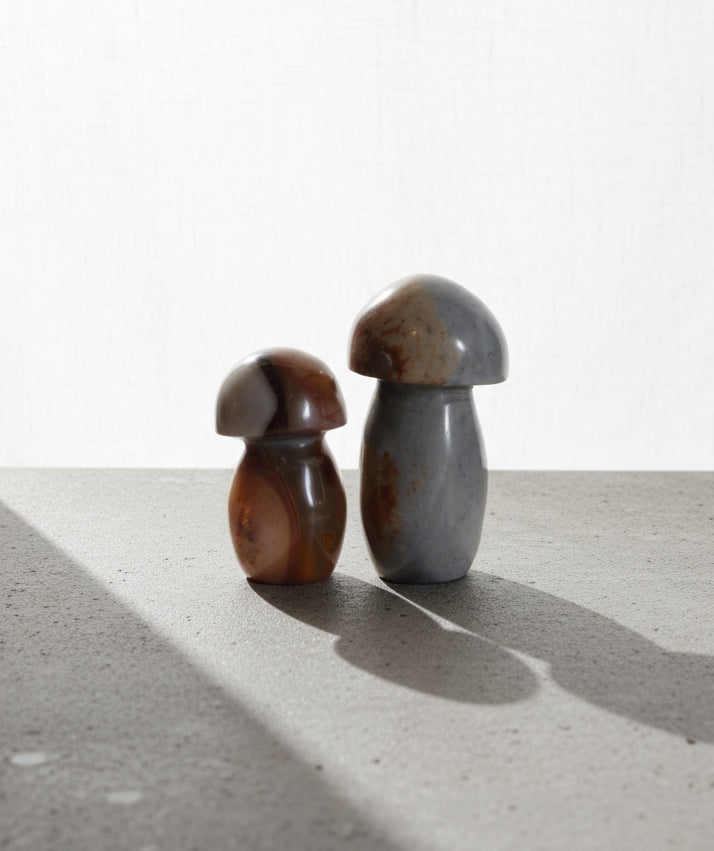 Set of 2 small polychrome jasper mushroom rocks, intricately carved lapidary stones displaying natural patterns and earthy hues — Hommes and Gardens, Mushroom Collection, Landscape Architect, Interior Designer, Outdoor Living, Outdoor Decorations, Home Decor, Home Design, Luxury Design, Art, Furniture, Objects, Best Gifts, Nature, Backyard, Yard.