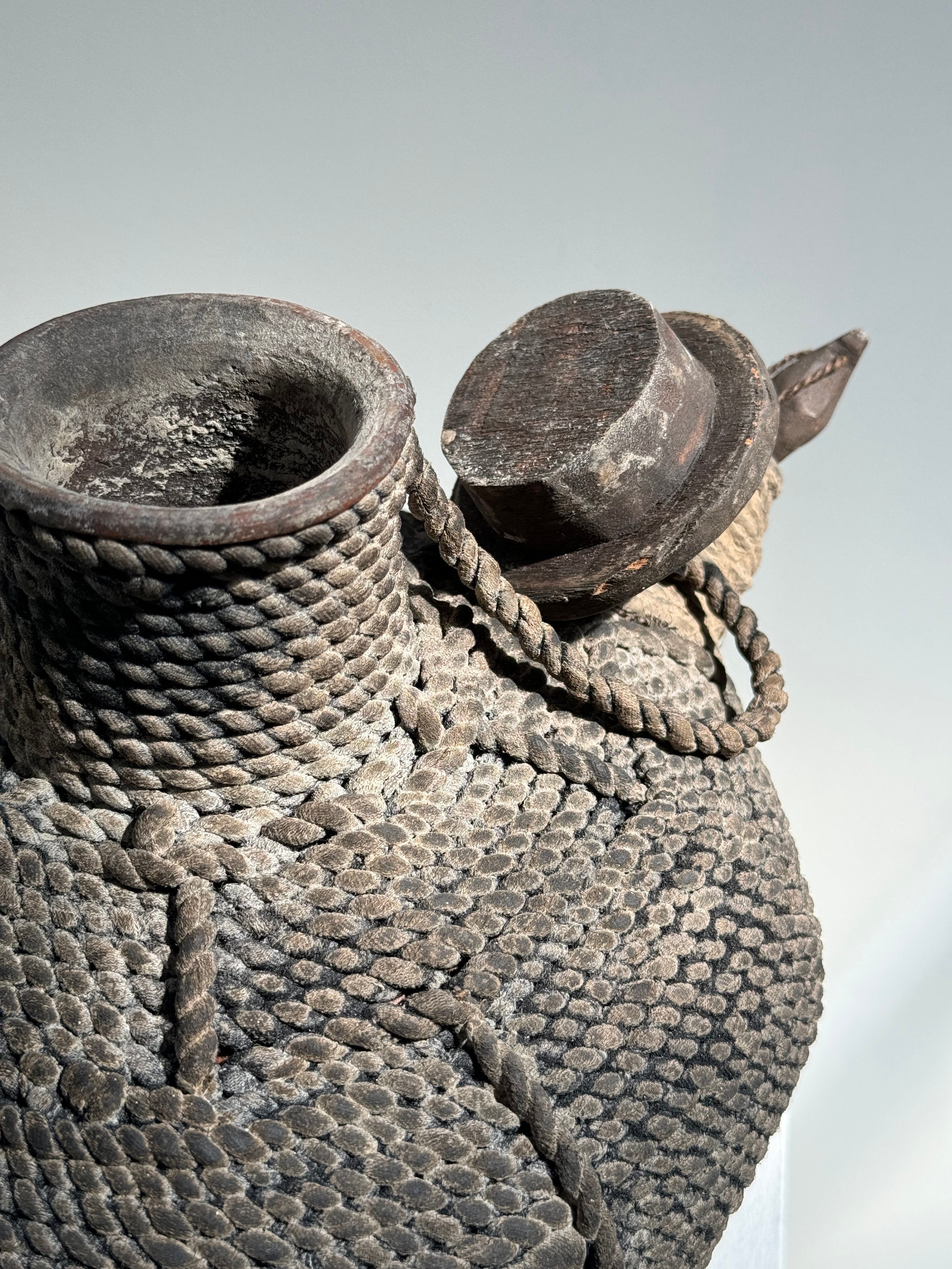 Southeast Asian antique Kendi pot handmade from wood and rattan, rustic decorative collectible symbolising craftsmanship and tradition — Hommes and Gardens, Objects Collection, Landscape Architect, Interior Designer, Outdoor Living, Art, Furniture, Objects, Best Gifts, Nature, Backyard, Yard, Outdoor Decorations, Home Decor, Home Design, Luxury Design.