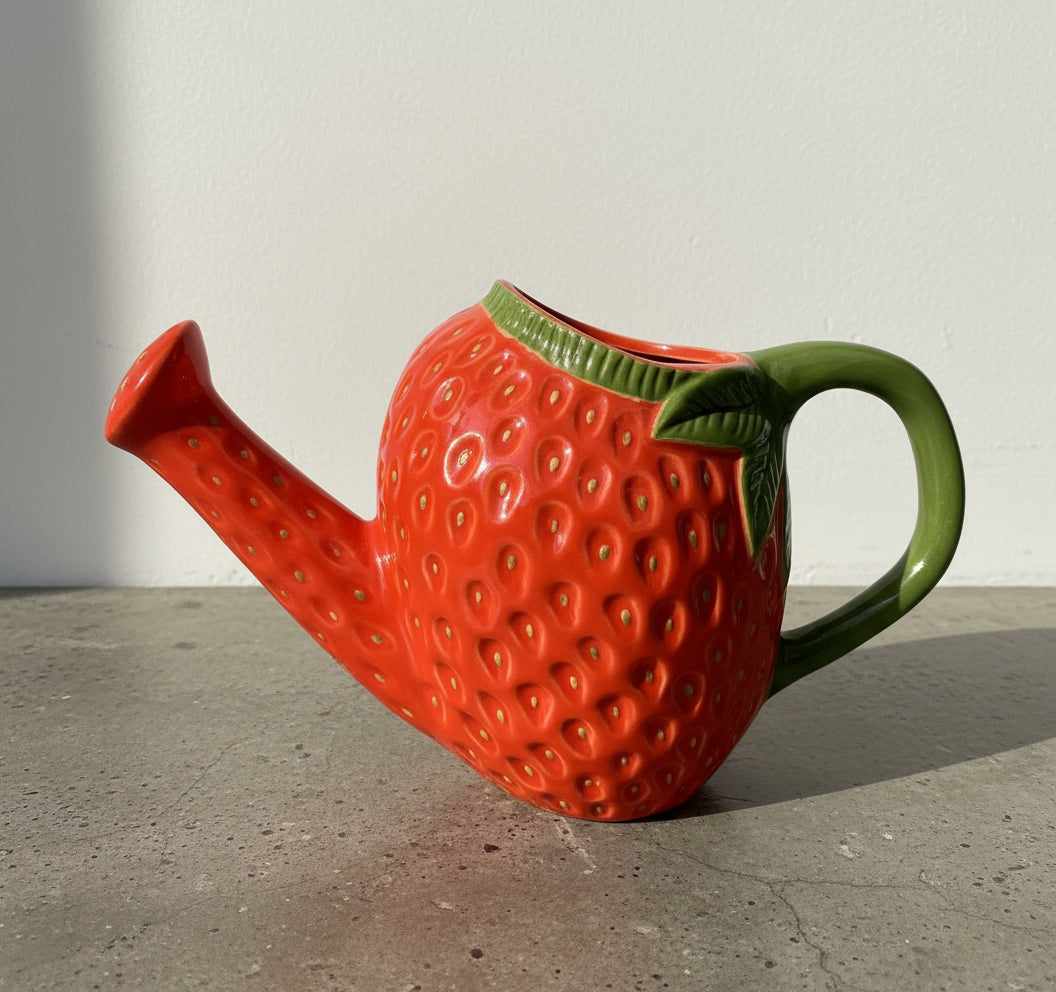 Whimsical Hand-Painted Ceramic Strawberry Watering Can – Garden Decor & Indoor Use in vibrant red and green hues, hommes + gardens estudio.