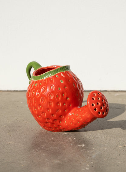 Side view of hand-painted ceramic strawberry watering can showing curved green handle and perforated spout — Hommes and Gardens, Home Decor Collection, landscape design, plant design, Landscape Architect, Interior Designer, Outdoor Living, Outdoor Decorations, Home Design, Luxury Design, Art, Furniture, Objects, Best Gifts, Nature, Backyard, Yard.