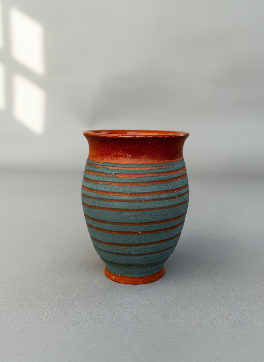 Hand-Thrown Striped Studio Vase by MP, Dated 2016 – Glazed Terracotta with Slate Bands, artisanal pottery, hommes + gardens estudio.