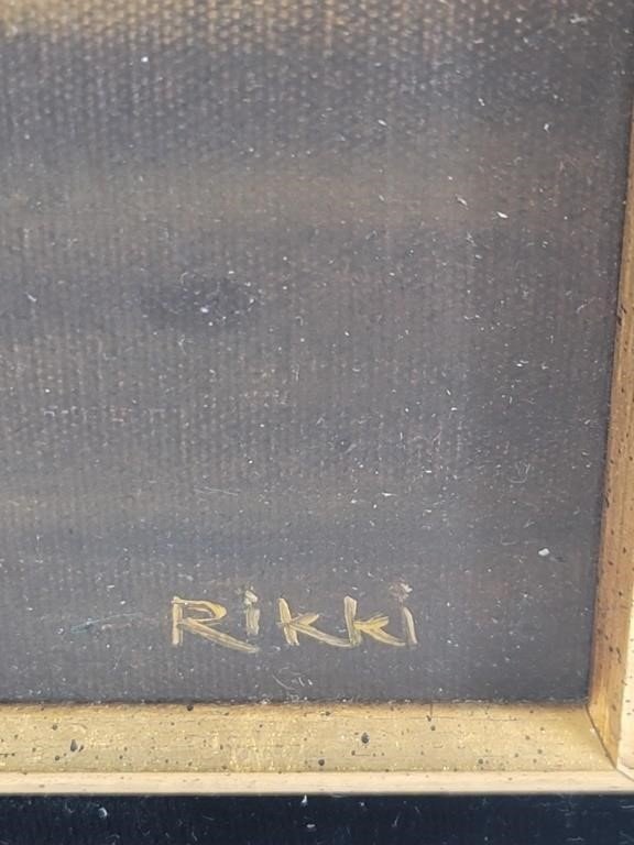 Vintage oil painting of a radiant sunset signed by Rikki, presented in a gold-toned frame, ideal for sophisticated wall decor — Hommes and Gardens, Wallscape Collection, Landscape Architect, Interior Designer, Outdoor Living, Outdoor Decorations, Home Decor, Home Design, Luxury Design, Art, Furniture, Objects, Best Gifts, Nature, Backyard, Yard.