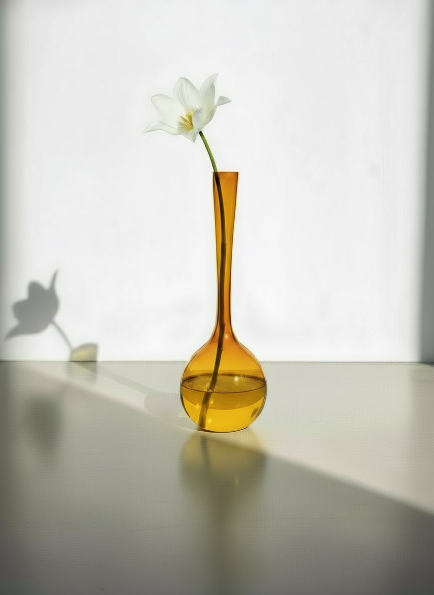 Swedish 1950's/60's Amber Glass Vase with a flower, showcasing Scandinavian design elegance and warm hue, hommes + gardens estudio.