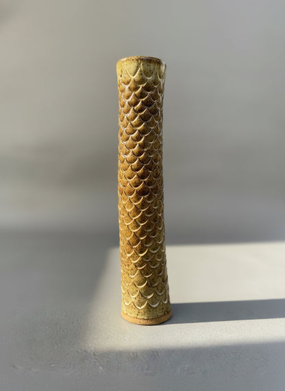 Tall hand-glazed ceramic vase with fish scale relief texture, signed A.G.E., featuring earthy mottled tones and cylindrical studio pottery design — Hommes and Gardens, Home Decor Collection, landscape design, plant design, Landscape Architect, Interior Designer, Outdoor Living, Outdoor Decorations, Home Design, Luxury Design, Art, Furniture, Objects, Best Gifts, Nature, Backyard, Yard.