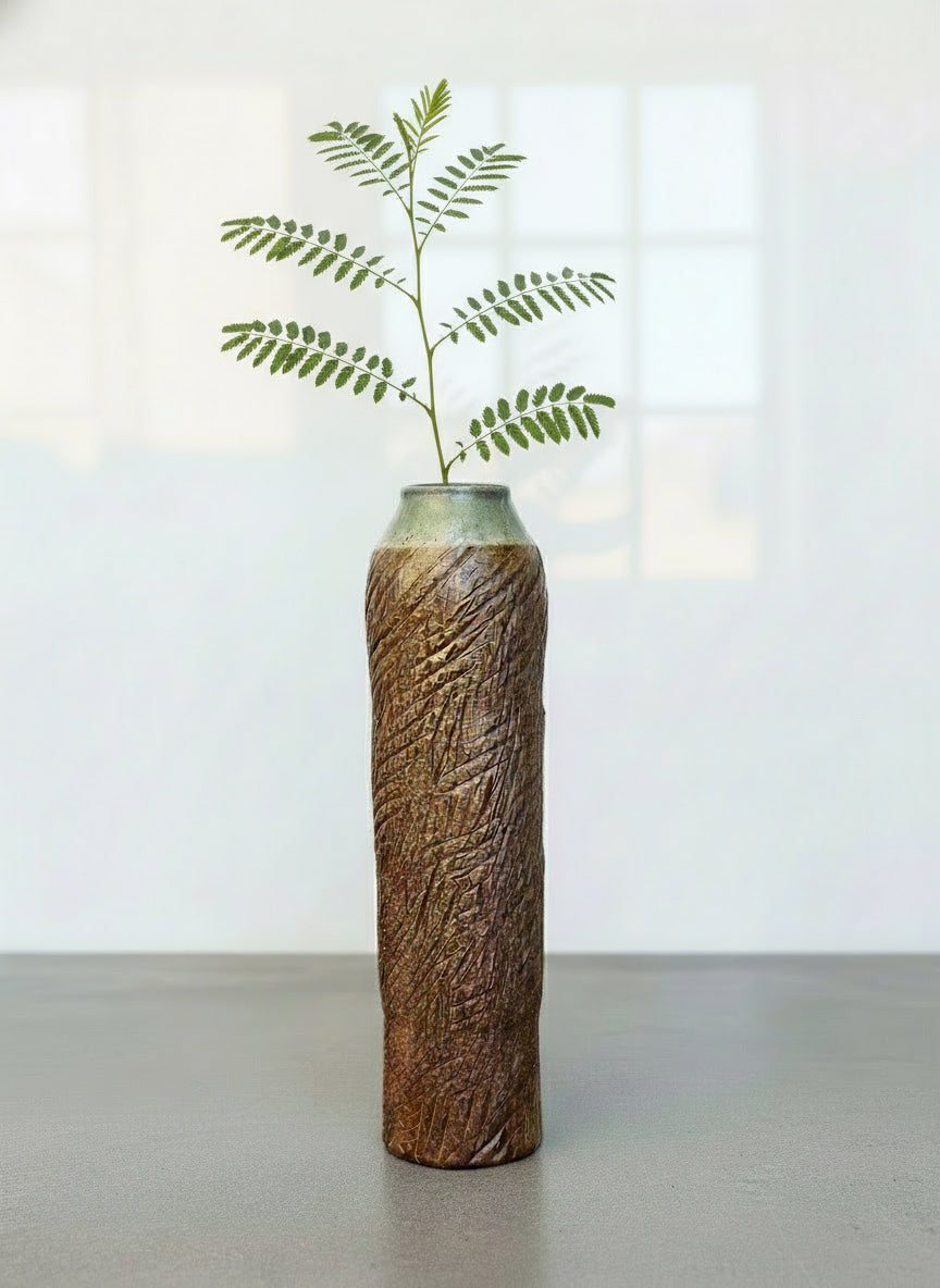 Tall Textured Studio Pottery Vase with Glazed Rim – Signed Ceramic Art Piece with a plant inside, hommes + gardens estudio.