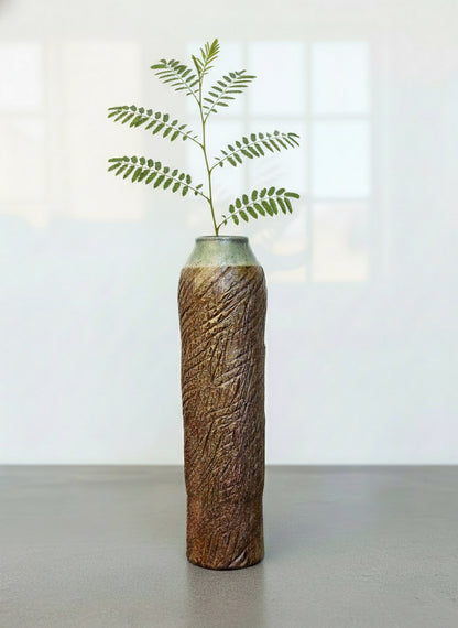 Tall textured studio pottery ceramic vase with glazed rim in celadon green and ash gray, signed handcrafted art piece — Hommes and Gardens, Home Decor Collection, landscape design, plant design, Landscape Architect, Interior Designer, Outdoor Living, Outdoor Decorations, Home Design, Luxury Design, Art, Furniture, Objects, Best Gifts, Nature, Backyard, Yard.