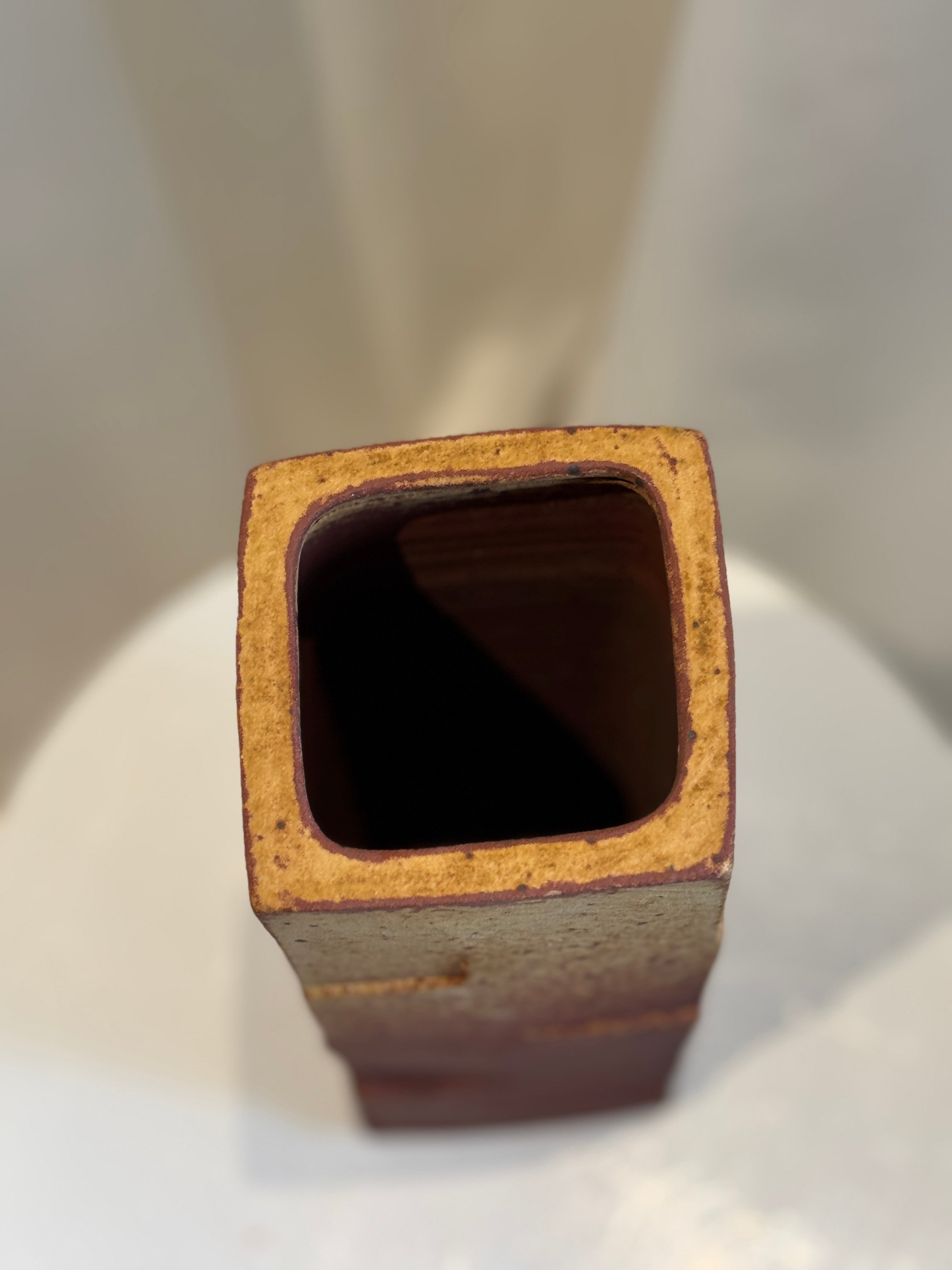 Tall signed Patrick Horsley studio pottery vase with rustic modern aesthetic, rich ochre and rust glaze, and sculptural incised surface — Hommes and Gardens, Vases + Vessels Collection, Landscape Architect, Interior Designer, Outdoor Living, Art, Furniture, Objects, Best Gifts, Nature, Backyard, Yard, Outdoor Decorations, Home Decor, Home Design, Luxury Design.