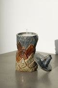 Tall Vintage Ceramic “Orchard” Scented Candle — One of One in a unique vessel with lid, handcrafted and colorful, hommes + gardens estudio.