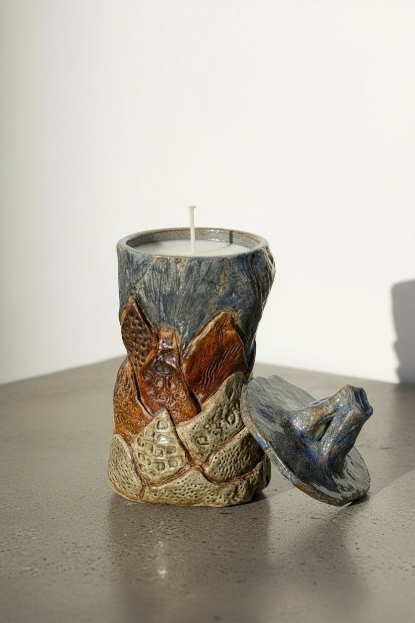 Tall Vintage Ceramic “Orchard” Scented Candle — One of One in a unique vessel with lid, handcrafted and colorful, hommes + gardens estudio.