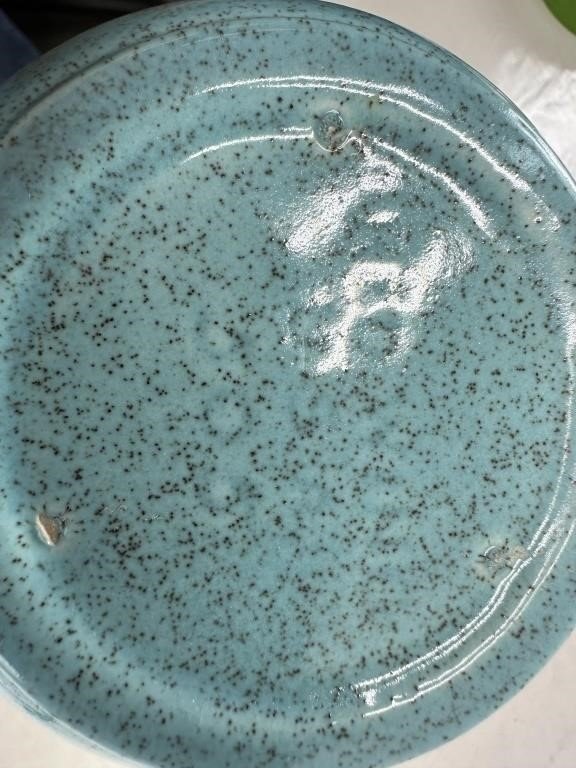 Teal two handled Flower Vase - Red wing pottery showcasing the mottled glaze and speckled design. hommes + gardens estudio.