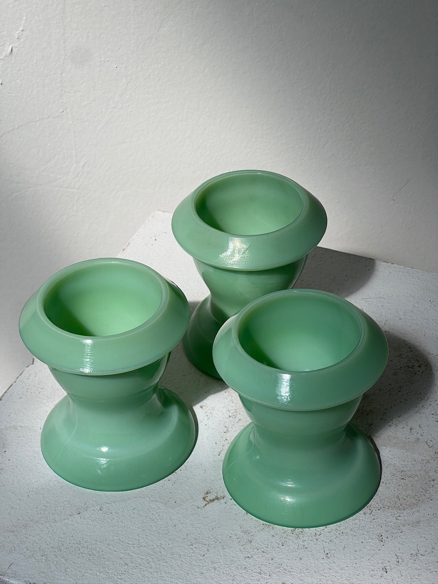 Vintage Teal Jadeite Egg Cup (Set of 3) showcasing retro elegance and vibrant color for stylish table settings. hommes + gardens estudio.