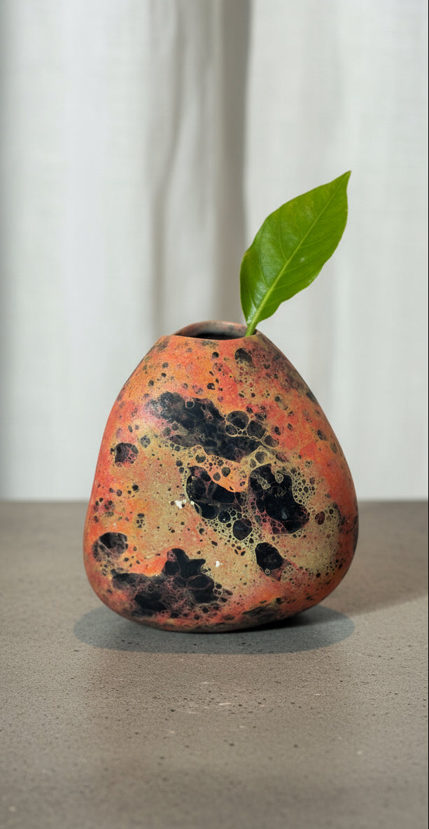 Unique freeform ceramic vase by Mich, 1994, featuring volcanic glaze in fiery orange, black, and gold tones, a sculptural abstract art pottery piece — Hommes and Gardens, Vases + Vessels Collection, Landscape Architect, Interior Designer, Outdoor Living, Art, Furniture, Objects, Best Gifts, Nature, Backyard, Yard, Outdoor Decorations, Home Decor, Home Design, Luxury Design.