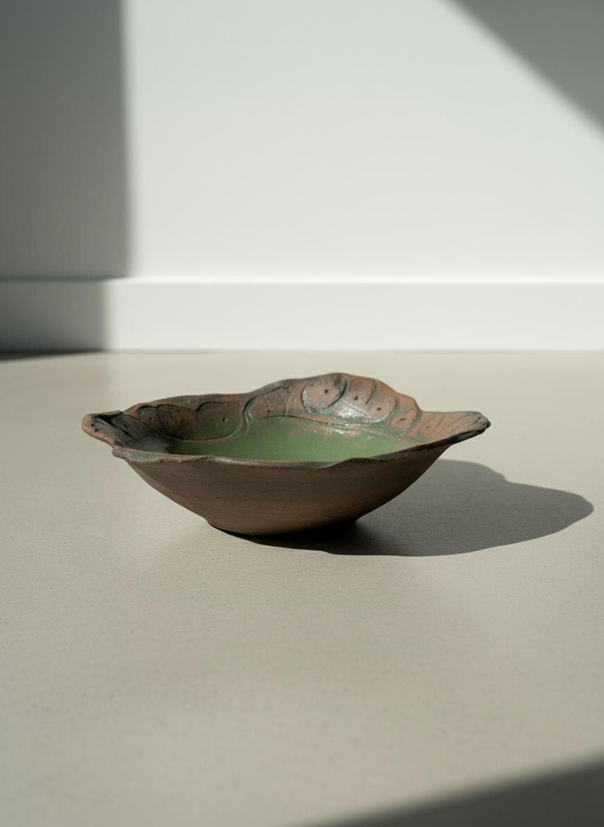 Handcrafted ceramic art bowl with glossy green glaze and rustic textured edge