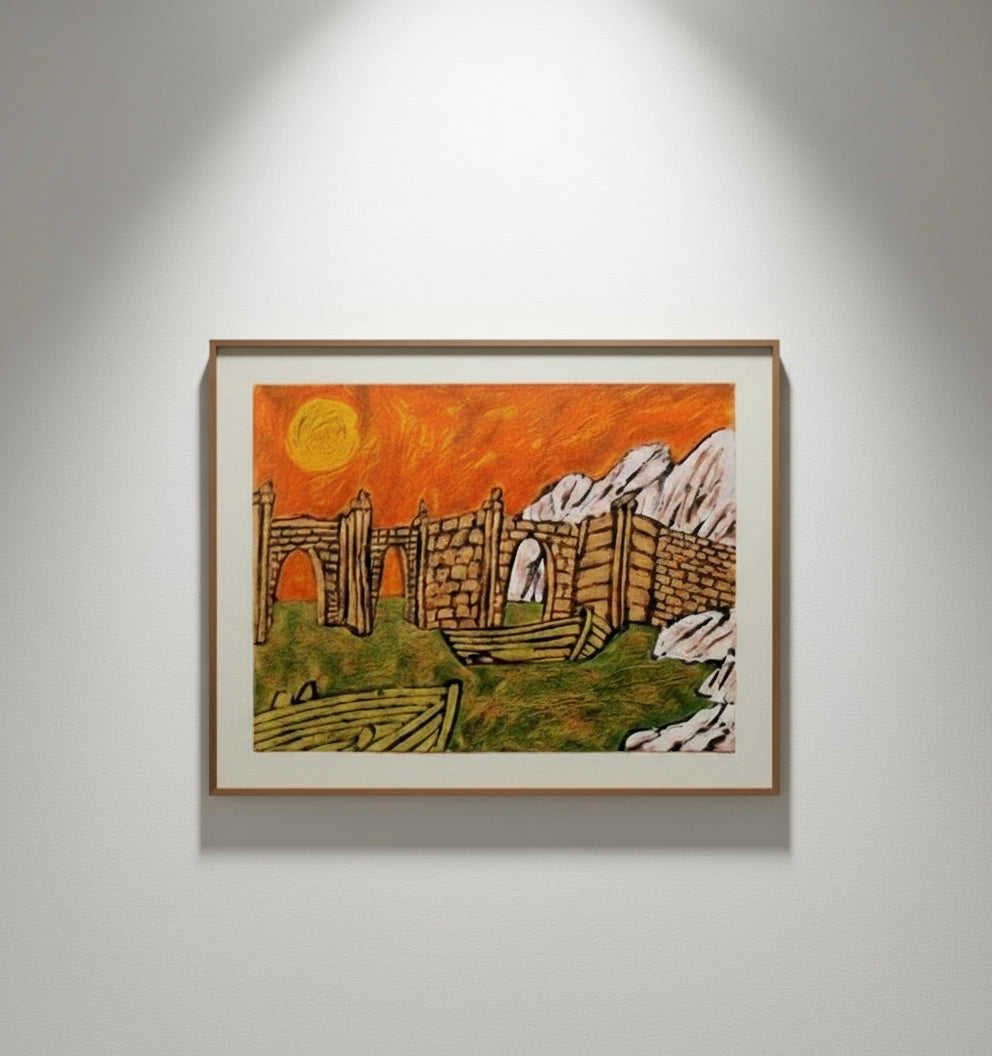 Untitled Abstract Landscape by Lionel Kalish framed artwork displayed on a wall, featuring a vibrant orange sky, stone structures and green landscape, hommes + gardens estudio.