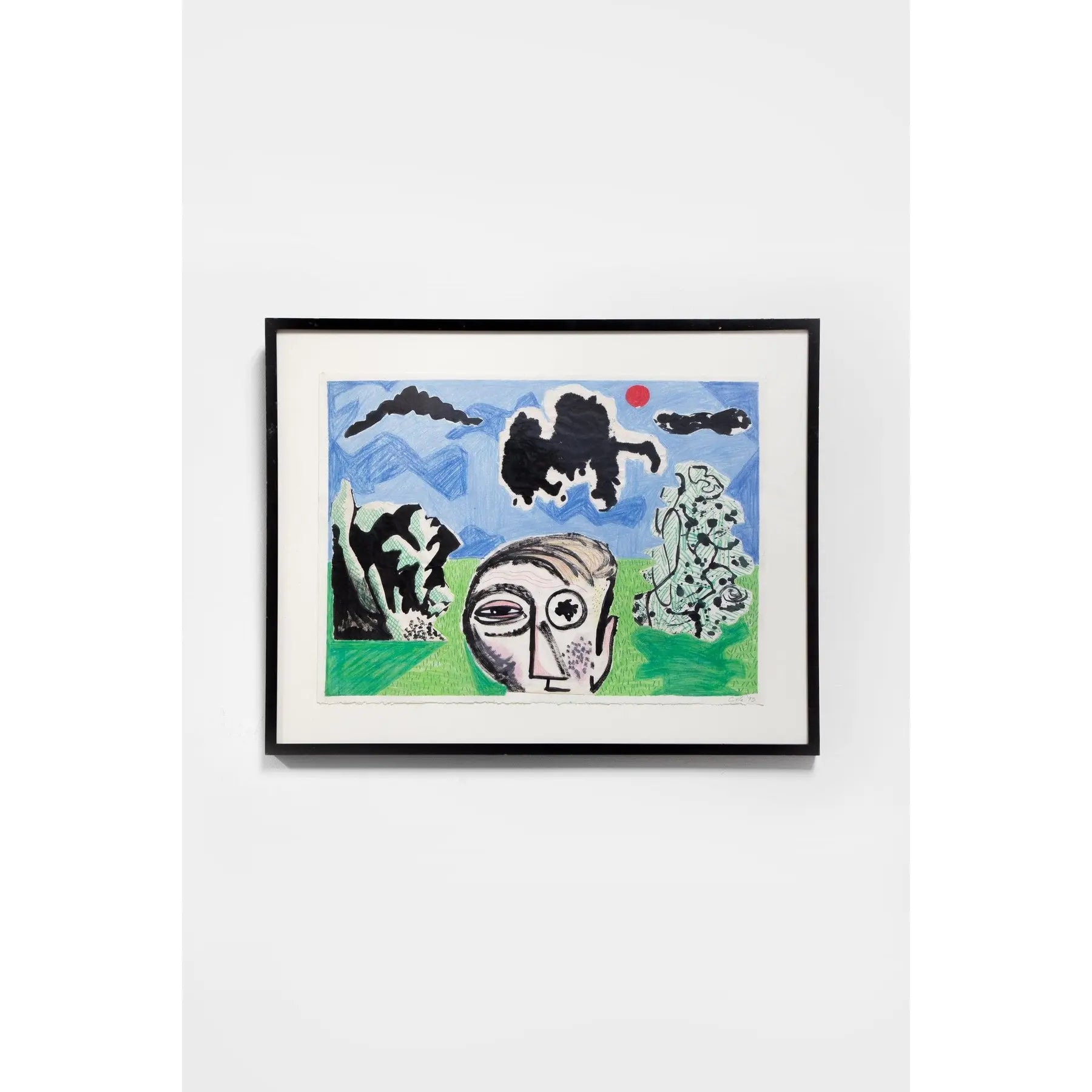 1990s Untitled Abstract Painting by Cole, figurative mixed media art, framed 29" x 37", mixed media on paper, hommes + gardens estudio.