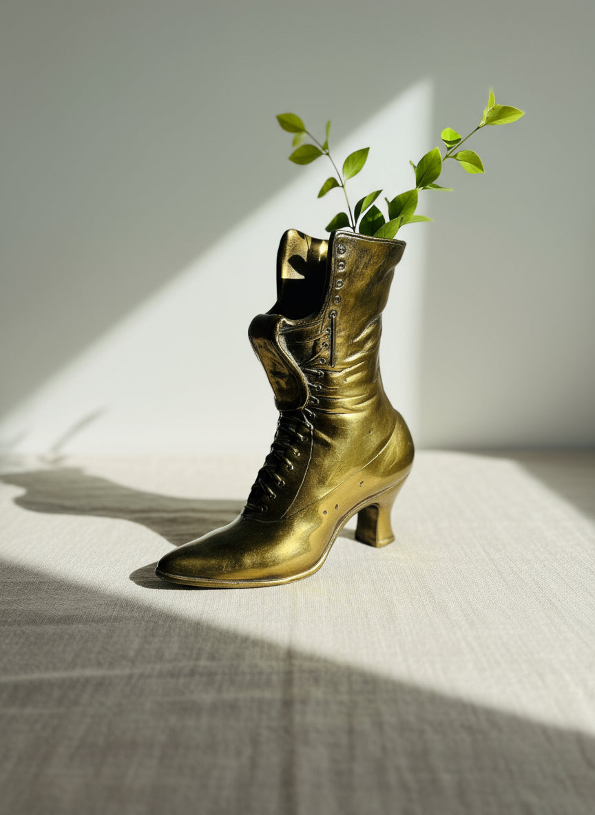 Vintage Victoria style cast brass boot window planter displaying small green plants, adding vintage charm to interiors. hommes + gardens estudio.