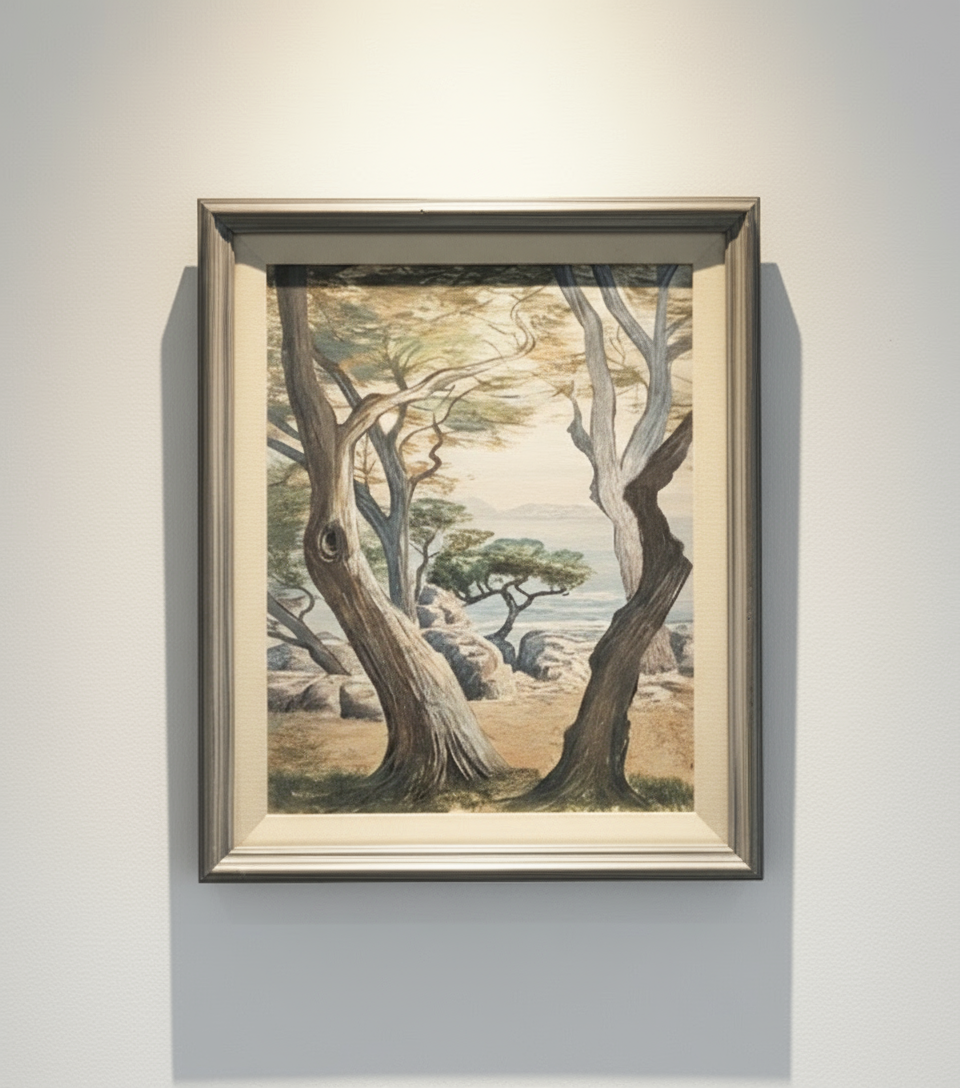 Vintage 1908-1988 Oil on Canvas Picture Painting of Nature Signed by Mario Veglia, showcasing trees and landscapes. hommes + gardens estudio