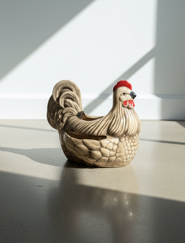 Vintage 1976 Arnel’s hand-painted ceramic hen planter with speckled glaze, red accents, and dual planting sections, a charming farmhouse country décor piece — Hommes and Gardens, Fauna Collection, Home Decor, Landscape Architect, Interior Designer, Outdoor Living, Outdoor Decorations, Home Design, Luxury Design, Art, Furniture, Objects, Best Gifts, Nature, Backyard, Yard.