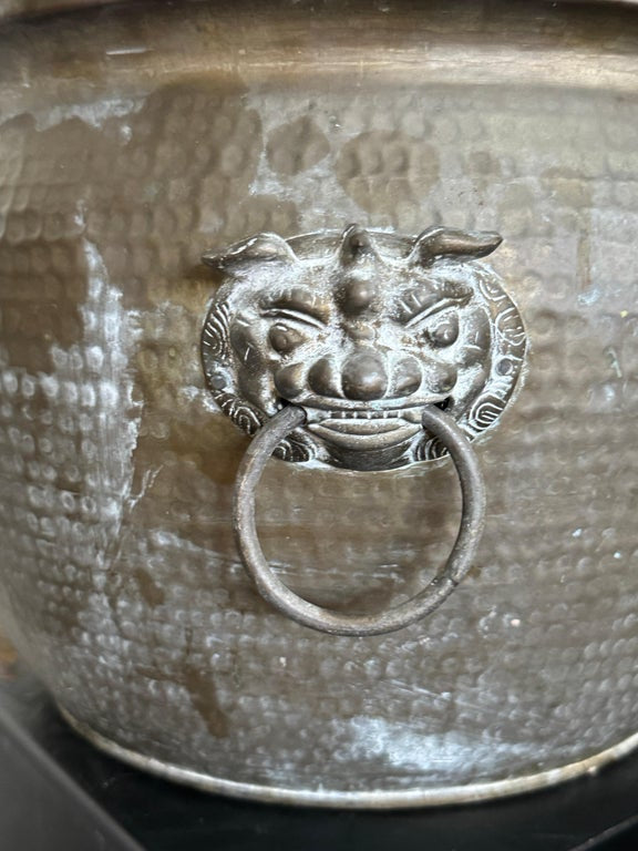 Vintage 19th-century Chinese brass planter, hand-beaten with mythological lion motif and elegant beaded trim, antique collectible piece — Hommes and Gardens, Pots + Vessels Collection, Landscape Architect, Interior Designer, Outdoor Living, Outdoor Decorations, Home Decor, Home Design, Luxury Design, Art, Furniture, Objects, Best Gifts, Nature, Backyard, Yard.