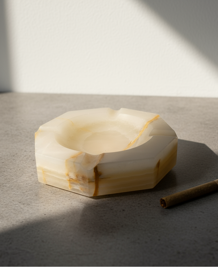 Vintage alabaster ashtray crafted from smooth, translucent stone with elegant geometric form, a mid-century decorative collectible — Hommes and Gardens, Smoke + Fire Collection, Decorative Objects, Landscape Architect, Interior Designer, Outdoor Living, Outdoor Decorations, Home Design, Luxury Design, Art, Furniture, Objects, Best Gifts, Nature, Backyard, Yard.