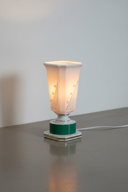 Vintage Art Deco green and white ceramic lamp, elegant table lighting piece inspired by 1930s design, perfect for adding timeless charm and sophistication — Hommes and Gardens, Home Decor Collection, Lighting, Table Lamps, Vintage Decor, Art Deco Style, Ceramic Art, Classic Interior Accent.