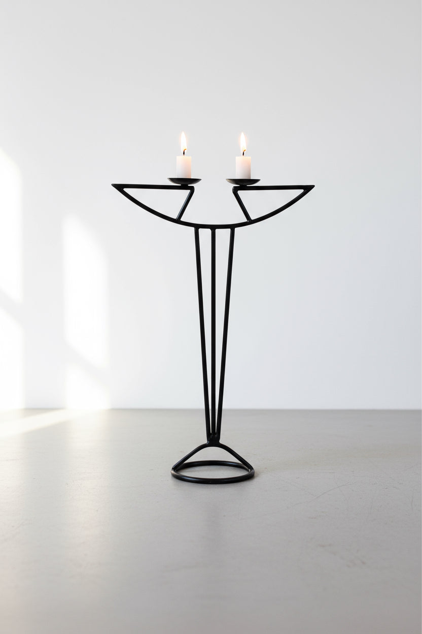 Vintage Art Nouveau Wrought Iron Candle Holder with clean lines and dual candles, perfect for mid-century decor. hommes + gardens estudio.