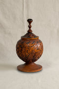 Vintage Arts and Crafts Hand Carved Wooden Lidded Vessel with intricate detailing, showcasing exquisite craftsmanship. hommes + gardens estudio.