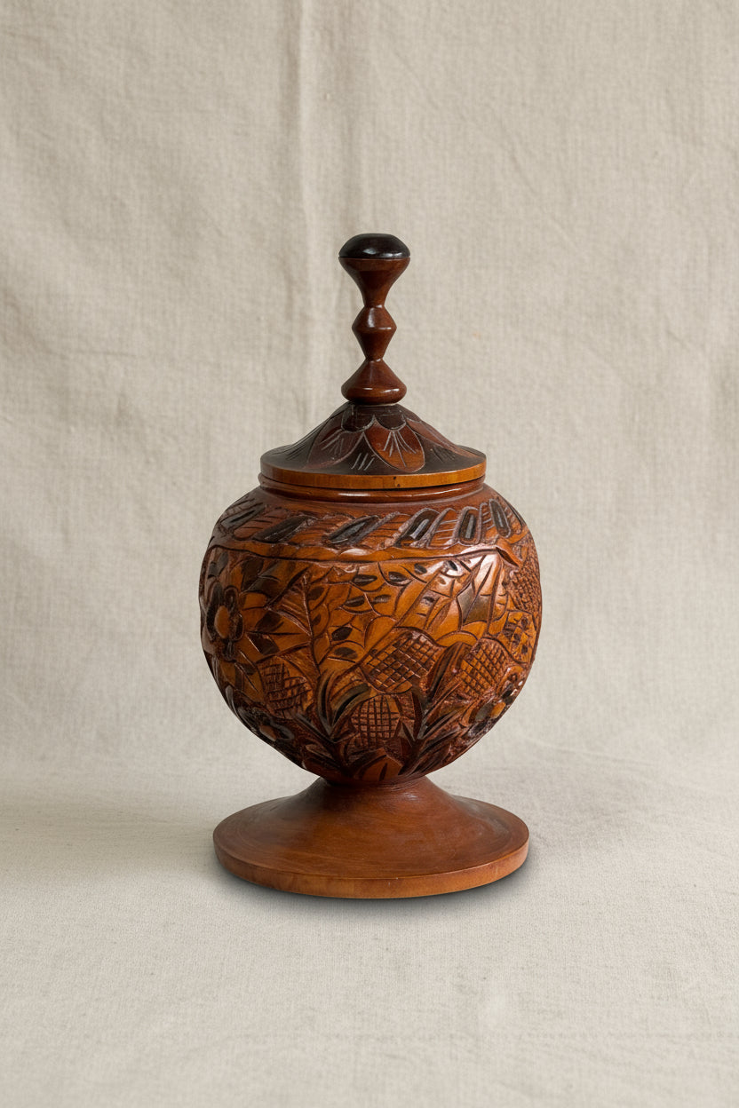 Vintage Arts and Crafts Hand Carved Wooden Lidded Vessel with intricate detailing, showcasing exquisite craftsmanship. hommes + gardens estudio.