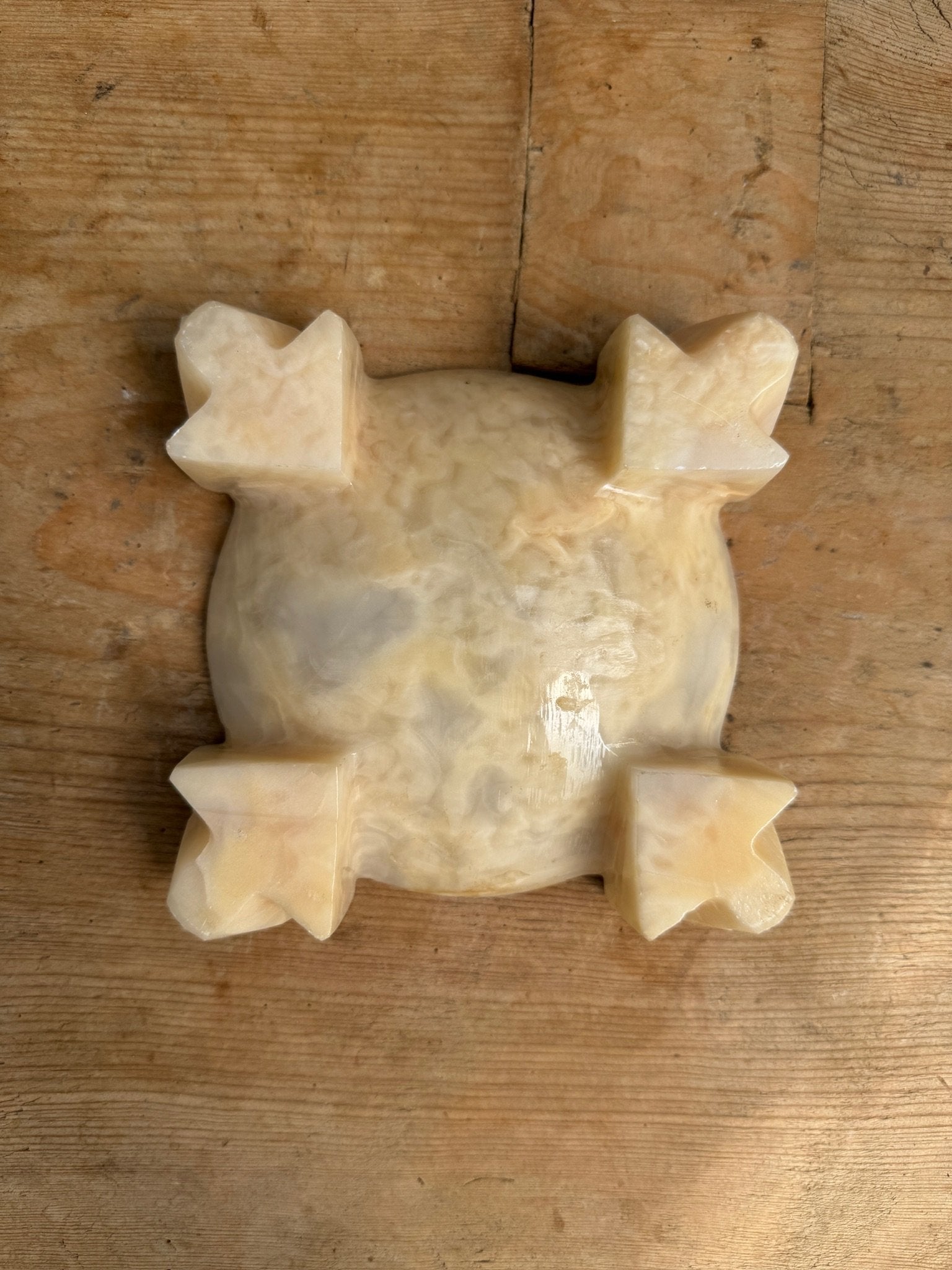 Vintage Onyx Stone Handcarved Aztec Mayan Ashtray 6x6 with unique star-shaped edges, showcasing earthy tones. hommes + gardens estudio.