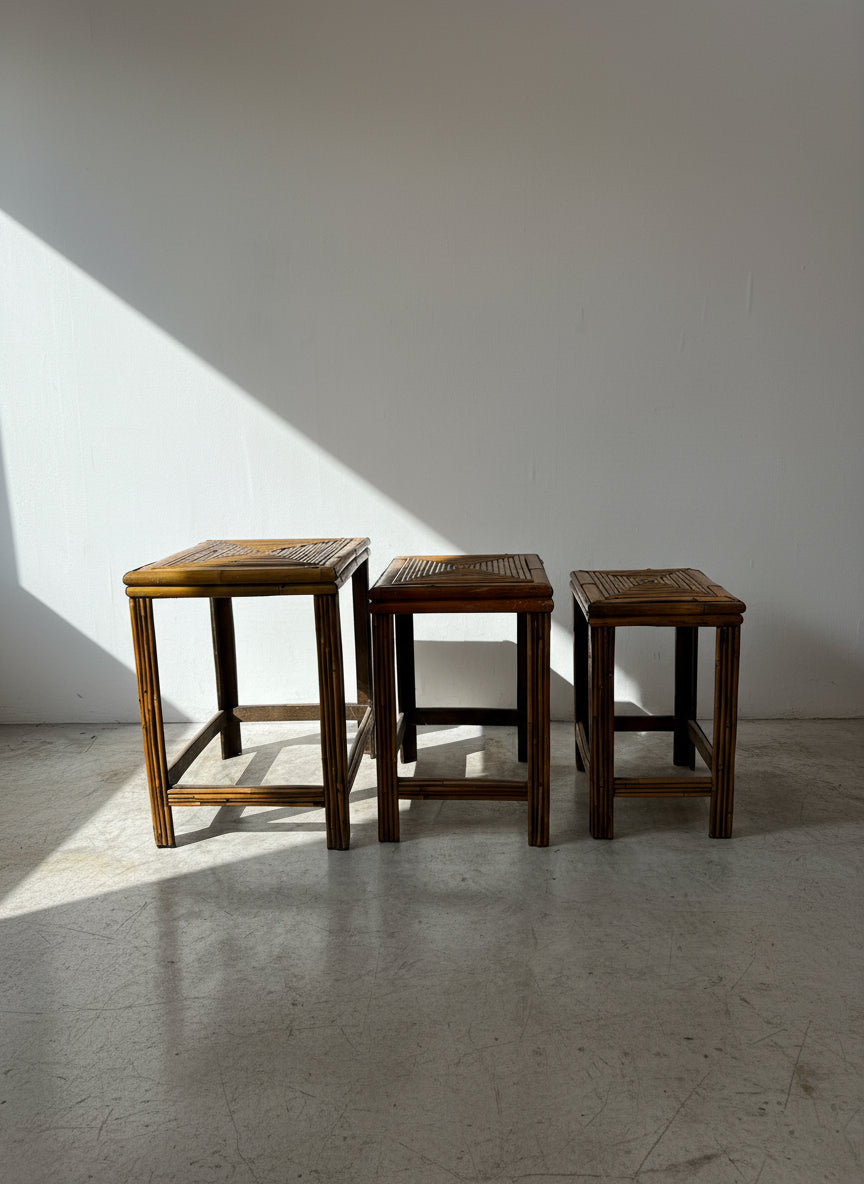 Vintage bamboo and rattan nesting tables set of three with handwoven lattice tops and honey-brown patina, mid-century tropical boho furniture perfect for side tables or plant stands — Hommes and Gardens, Furniture Collection, Home Decor, Landscape Architect, Interior Designer, Outdoor Living, Outdoor Decorations, Home Design, Luxury Design, Art, Furniture, Objects, Best Gifts, Nature, Backyard, Yard.