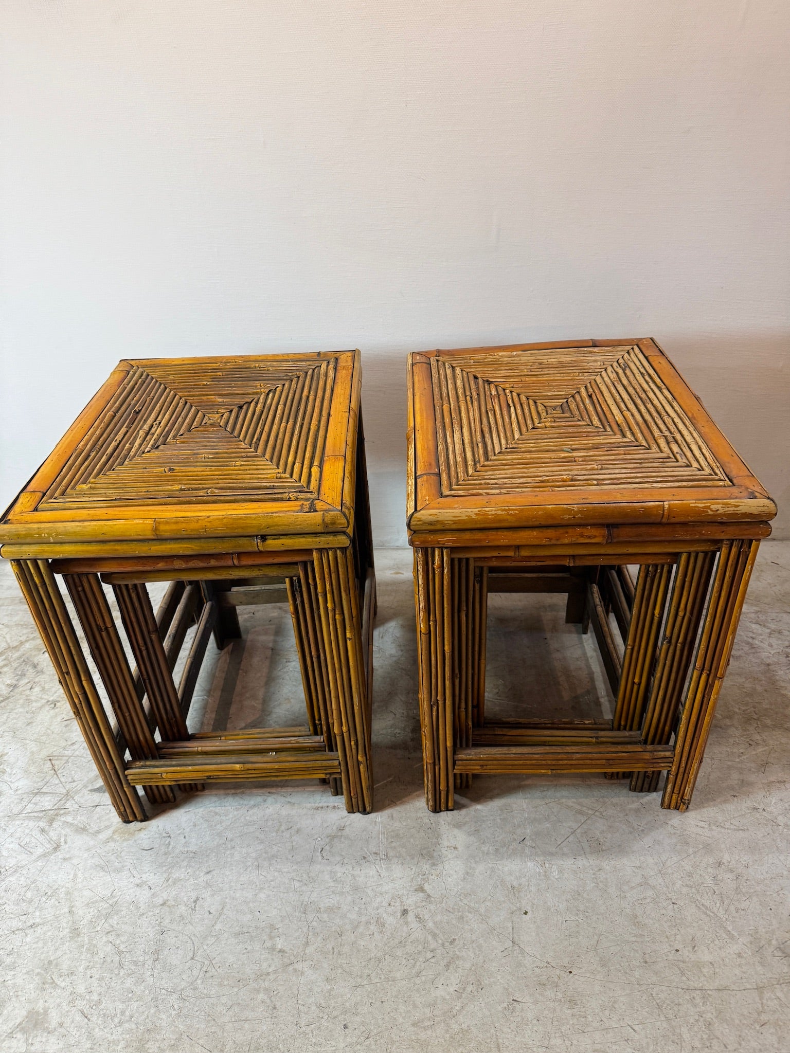 Vintage bamboo and rattan nesting tables, set of three, featuring handwoven geometric lattice tabletops and honey-brown patina, perfect for boho or mid-century homes — Hommes and Gardens, Furniture Collection, Landscape Architect, Interior Designer, Outdoor Living, Art, Furniture, Objects, Best Gifts, Nature, Backyard, Yard, Outdoor Decorations, Home Decor, Home Design, Luxury Design.
