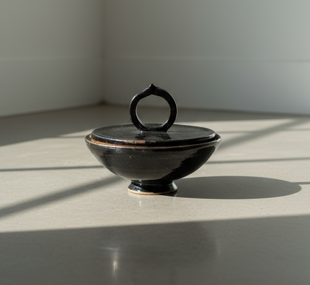 Vintage black glazed ceramic lidded bowl with sculptural ring handle and natural clay accents, a handcrafted decorative vessel blending rustic charm and elegance — Hommes and Gardens, Catchall Collection, Home Decor, Landscape Architect, Interior Designer, Outdoor Living, Outdoor Decorations, Home Design, Luxury Design, Art, Furniture, Objects, Best Gifts, Nature, Backyard, Yard.