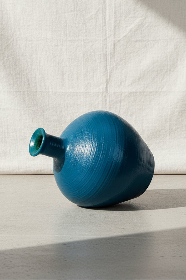 VINTAGE BLUE STONEWARE VASE on a neutral background showcasing its unique shape and rich blue color. hommes + gardens estudio.