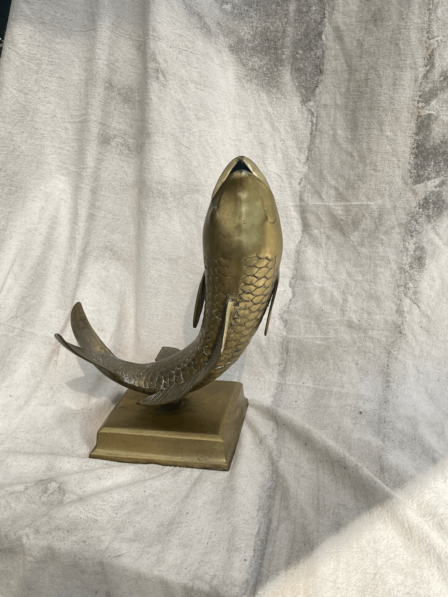 Solid Brass Fish Vase on a textured background, showcasing its unique design and craftsmanship. hommes + gardens estudio.