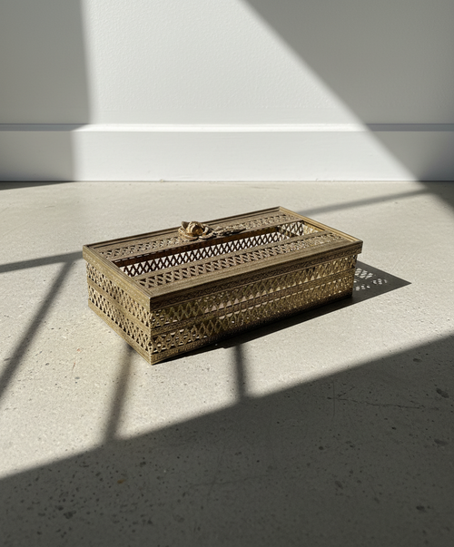 Vintage brass tissue box with filigree rose design and hinged lid, beautifully handcrafted for elegant bathroom décor — Hommes and Gardens, Bathroom Accessories Collection, Landscape Architect, Interior Designer, Outdoor Living, Outdoor Decorations, Home Decor, Home Design, Luxury Design, Art, Furniture, Objects, Best Gifts, Nature, Backyard, Yard.
