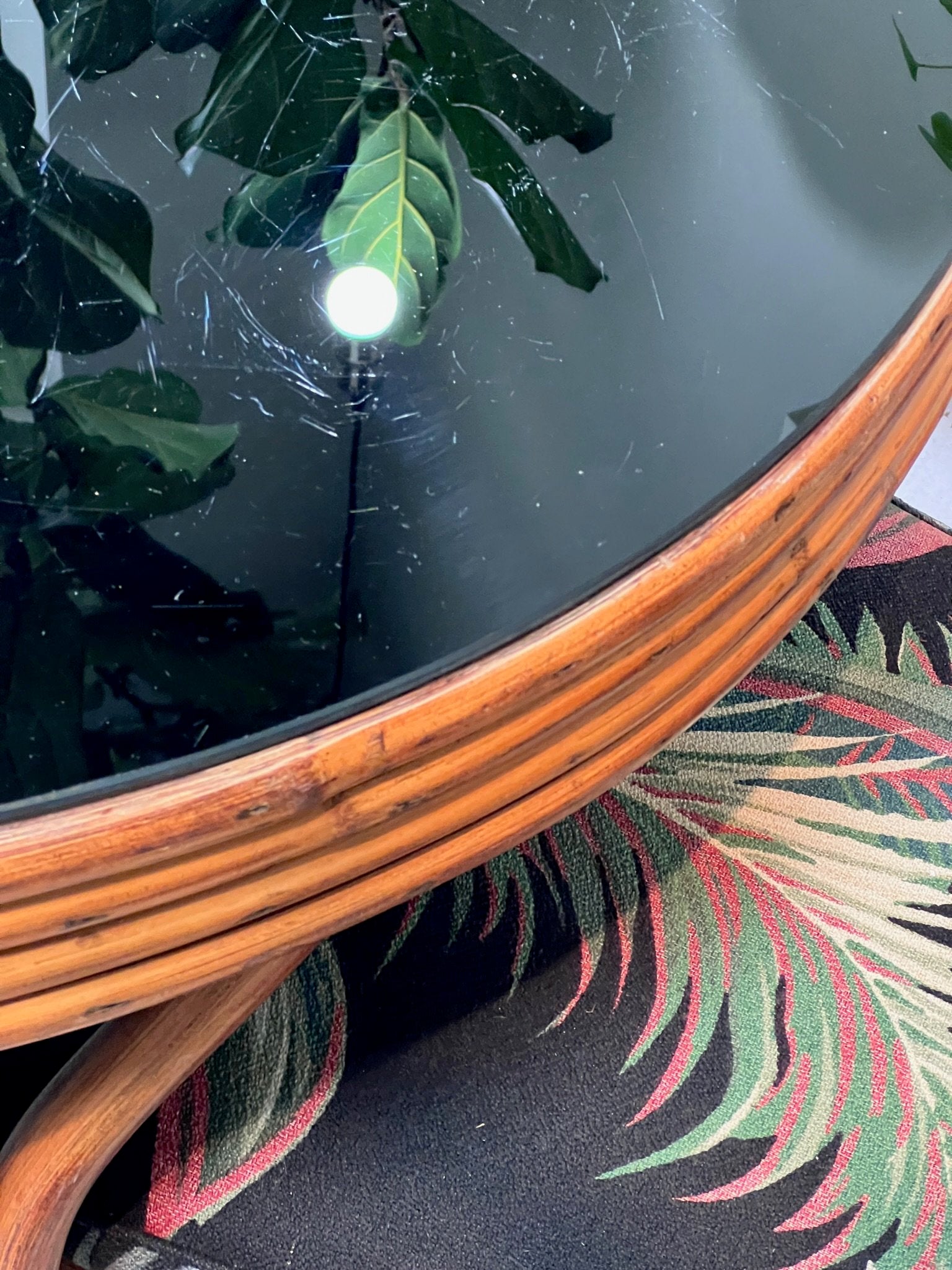 Vintage brown rattan bistro table with black glass top and matching chair set, retro tropical furniture design — Hommes and Gardens, Furniture Collection, Outdoor Decor, Rattan Design, 1980s Style, Vintage Interiors, Luxury Patio Furniture.