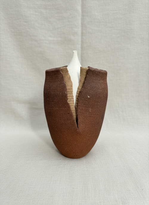 "Transformation" Pottery Art Sculpture featuring earthy tones and unique design, created by Barker in 1985. hommes + gardens estudio.