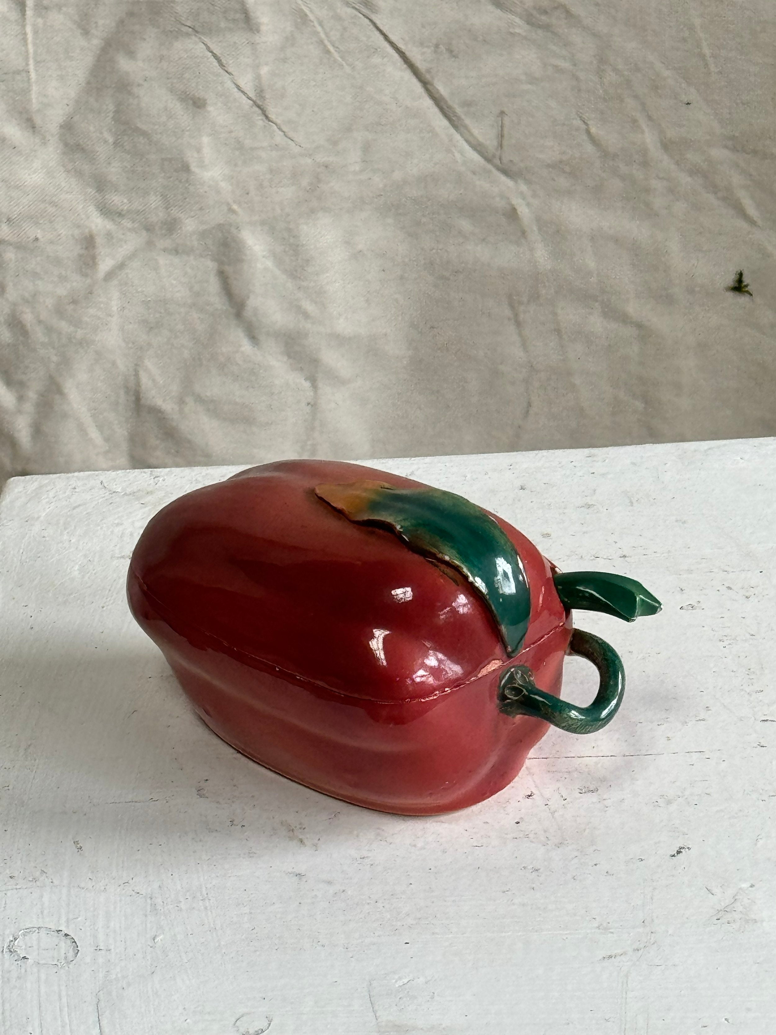 Vintage Hand Painted Chili Pepper Salsa Bowl & Spoon 3 Piece Set showcasing a decorative red chili pepper bowl for rustic kitchens. hommes + gardens estudio.