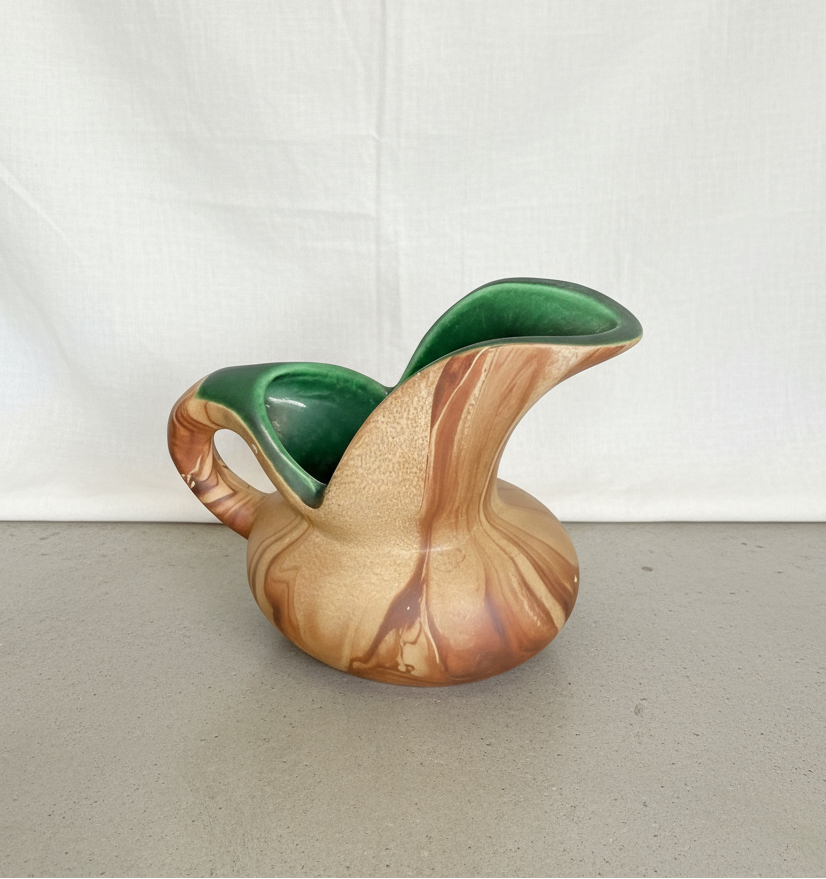 Vintage green and brown ceramic pottery pitcher by Rocky Mountain Pottery Co., featuring a wood-like stained finish and classic handle design — Hommes and Gardens, Decorative Collection, Landscape Architect, Interior Designer, Outdoor Living, Outdoor Decorations, Home Decor, Home Design, Luxury Design, Art, Furniture, Objects, Best Gifts, Nature, Backyard, Yard.